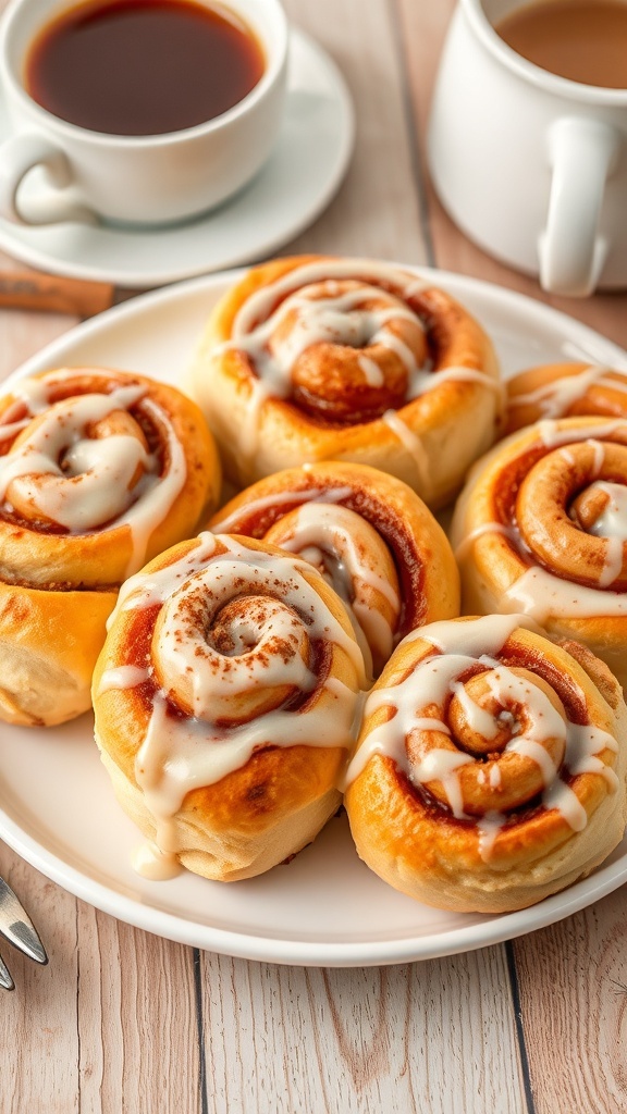 Freshly baked cinnamon rolls with glaze on a rustic plate, served with coffee.